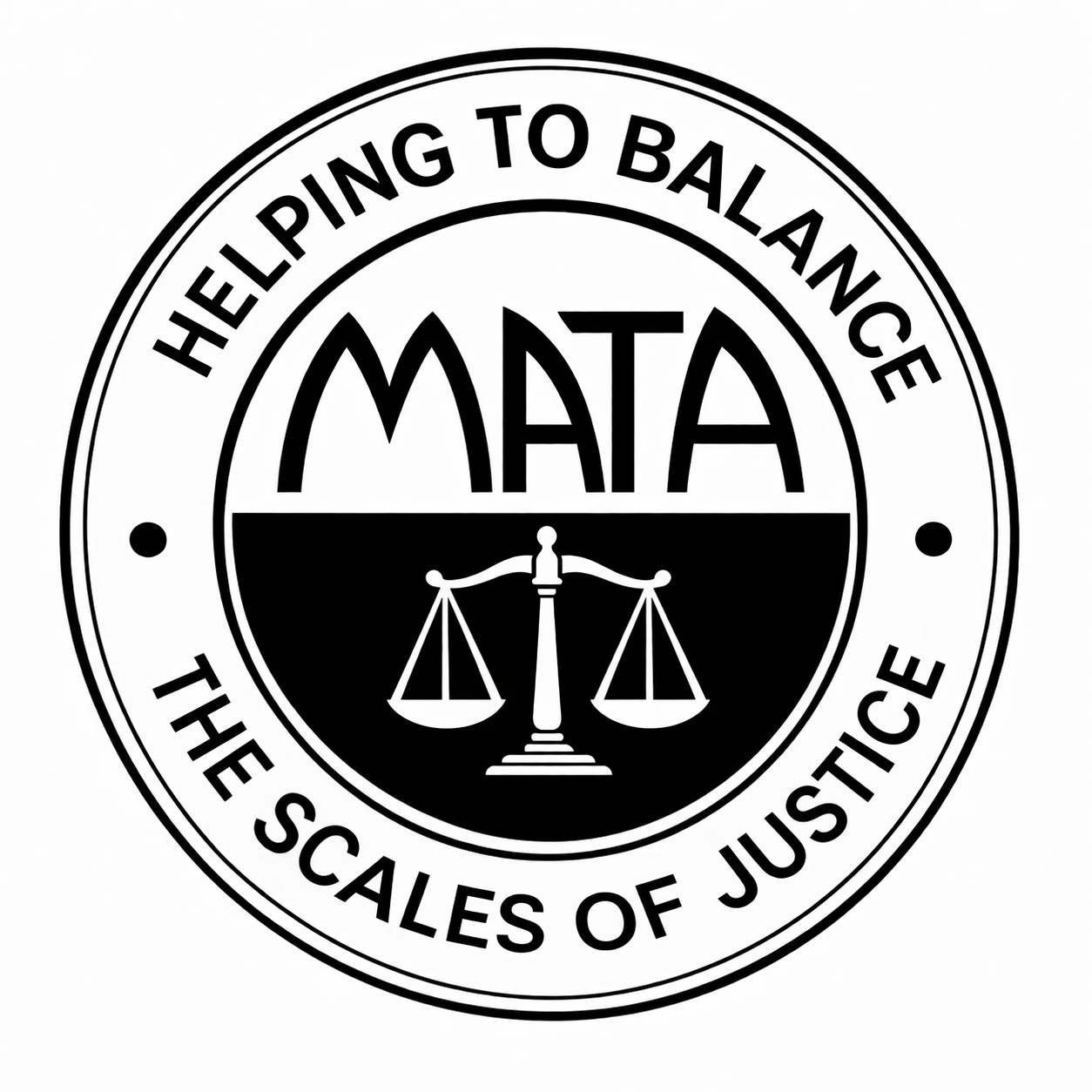 Circular logo with a balance scale icon and the text 'MATA' above, encircled by the phrase 'Helping to balance the scales of justice'.